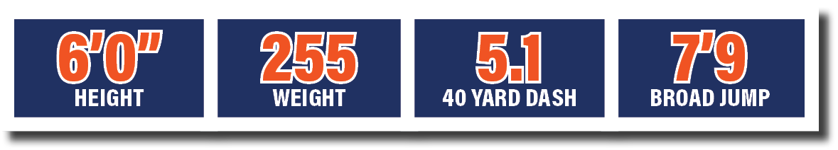 5.1 40 yard dash,6’0” HEIGHT,255 WEIGHT,7’9 broad jum