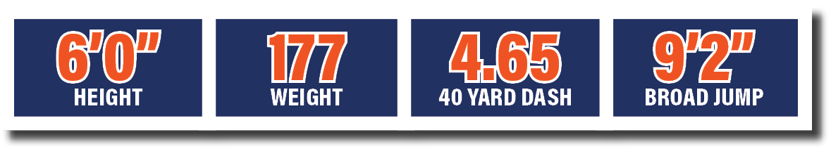 4.65 40 yard dash,6’0” HEIGHT,177 WEIGHT,9’2” broad jum