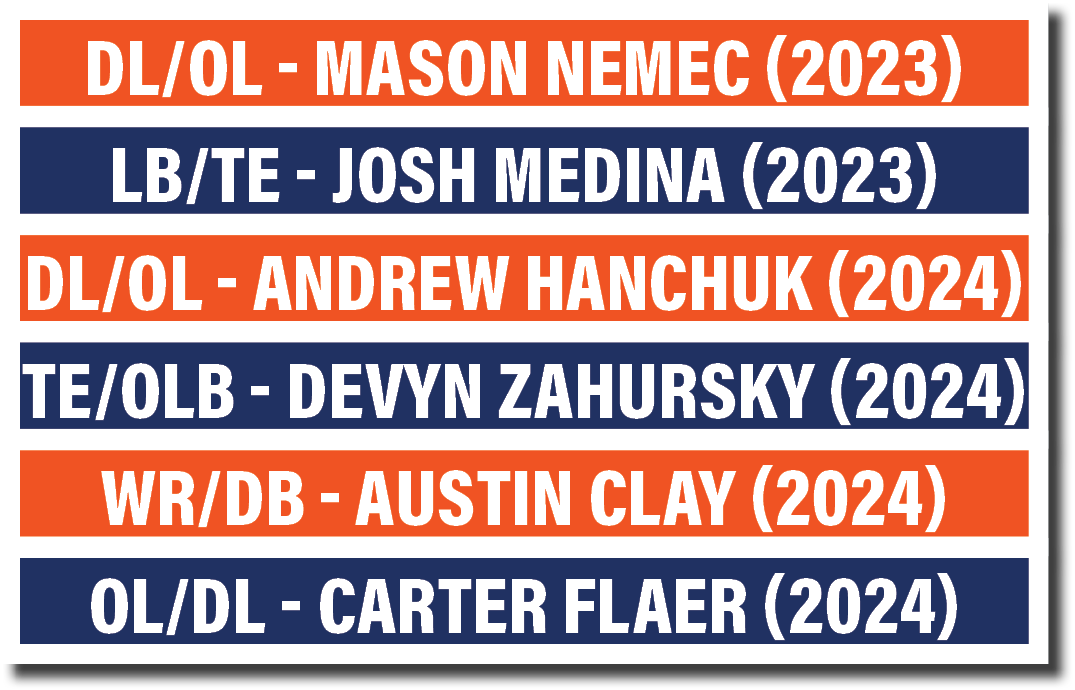 OL/DL - Carter Flaer (2024),WR/DB - Austin Clay (2024) ,TE/OLB - Devyn Zahursky (2024),DL/OL - Andrew Hanchuk (2024) ...