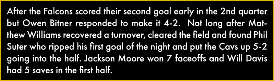 After the Falcons scored their second goal early in the 2nd quarter but Owen Bitner responded to make it 4-2  Not lon   