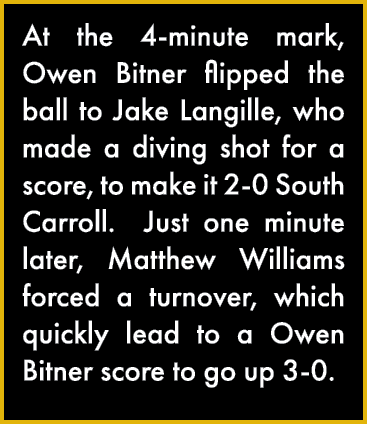 At the 4-minute mark, Owen Bitner flipped the ball to Jake Langille, who made a diving shot for a score, to make it 2   