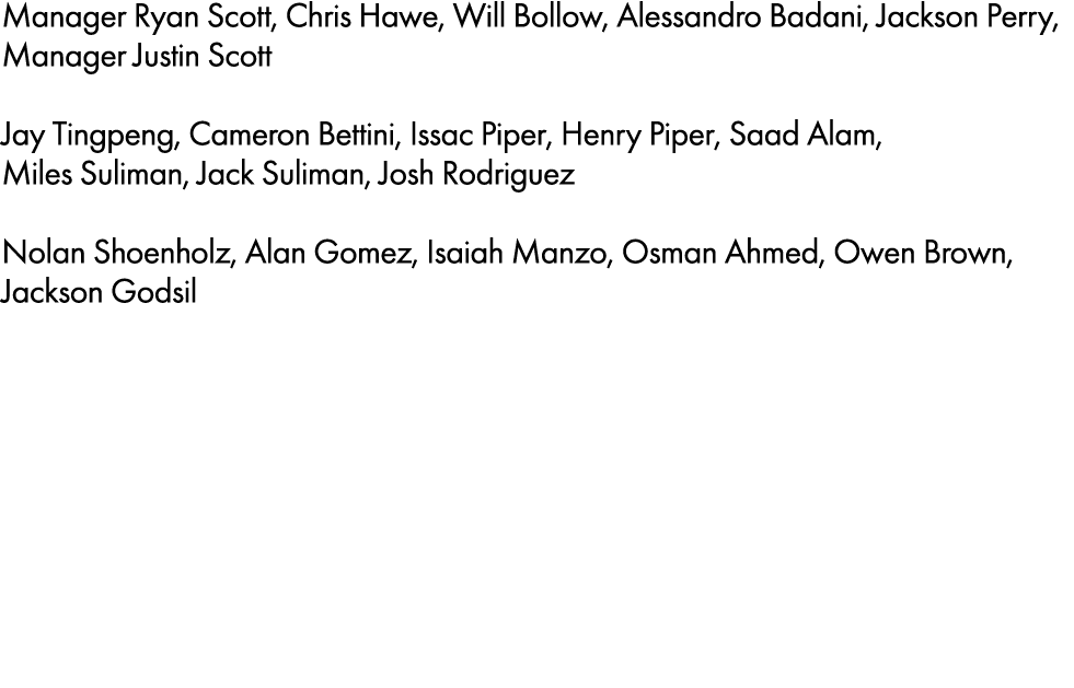 Manager Ryan Scott, Chris Hawe, Will Bollow, Alessandro Badani, Jackson Perry, Manager Justin Scott Jay Tingpeng, Ca...