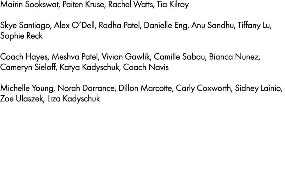 Mairin Sookswat, Paiten Kruse, Rachel Watts, Tia Kilroy Skye Santiago, Alex O’Dell, Radha Patel, Danielle Eng, Anu Sa...