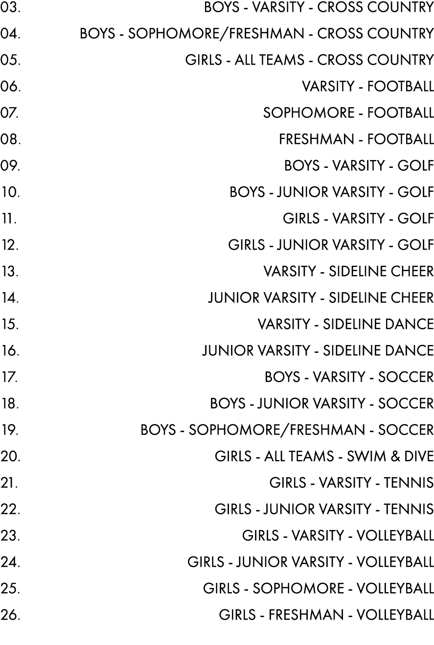 03. BOYS - VARSITY - CROSS COUNTRY 04. BOYS - SOPHOMORE/FRESHMAN - CROSS COUNTRY 05. GIRLS - ALL TEAMS - CROSS COUNTR...