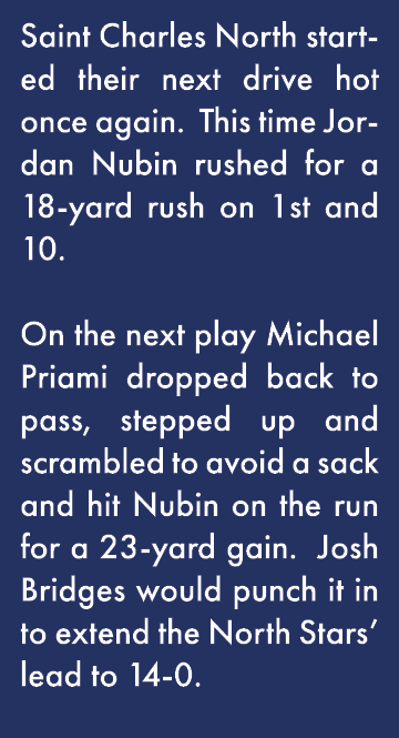 Saint Charles North started their next drive hot once again  This time Jordan Nubin rushed for a 18-yard rush on 1st    