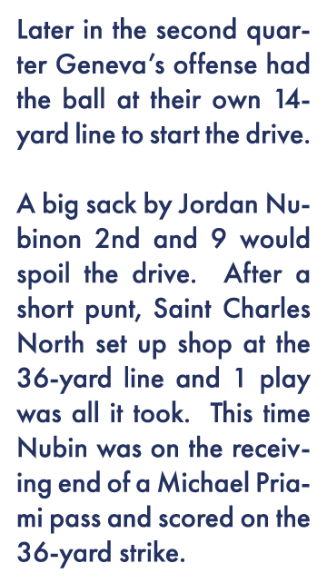 Later in the second quarter Geneva s offense had the ball at their own 14-yard line to start the drive   A big sack b   