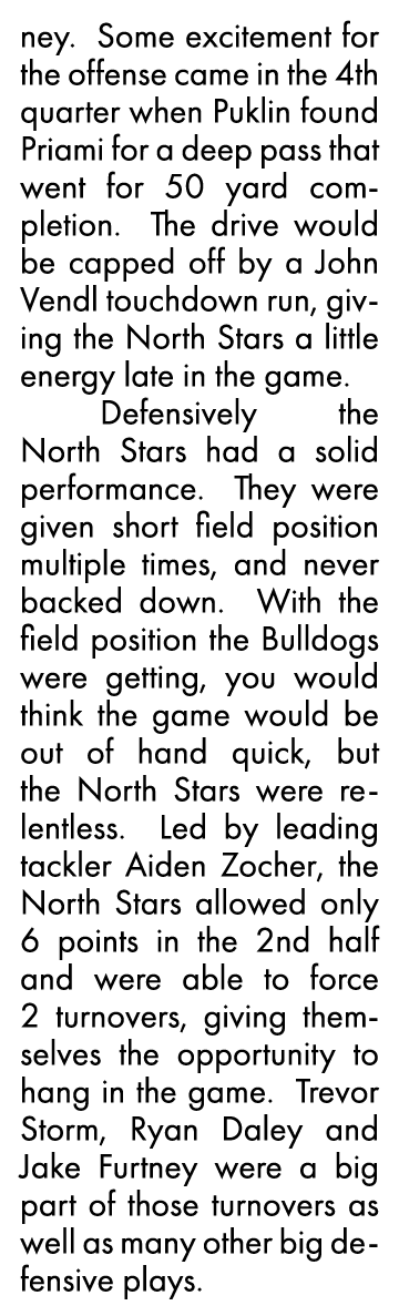 ney  Some excitement for the offense came in the 4th quarter when Puklin found Priami for a deep pass that went for 5   