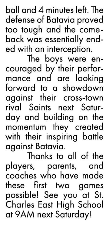 ball and 4 minutes left  The defense of Batavia proved too tough and the comeback was essentially ended with an inter   