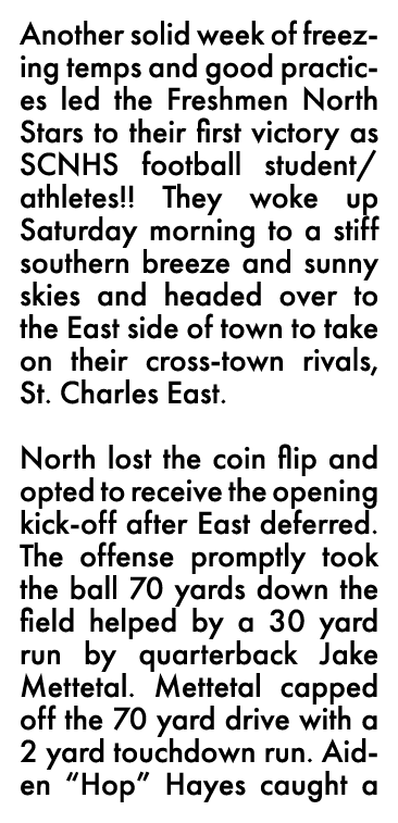 Another solid week of freezing temps and good practices led the Freshmen North Stars to their first victory as SCNHS    