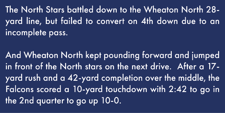 The North Stars battled down to the Wheaton North 28-yard line, but failed to convert on 4th down due to an incomplet   