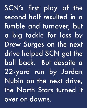 SCN s first play of the second half resulted in a fumble and turnover, but a big tackle for loss by Drew Surges on th   