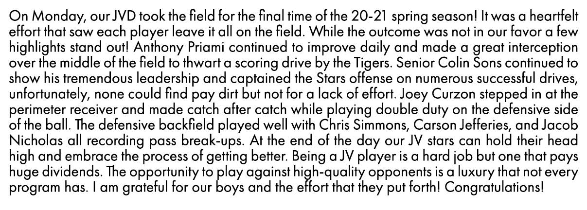 On Monday, our JVD took the field for the final time of the 20-21 spring season  It was a heartfelt effort that saw e   