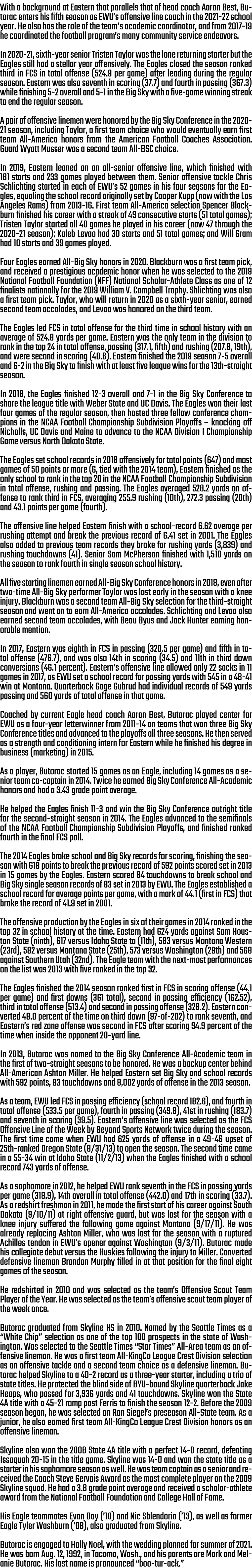 With a background at Eastern that parallels that of head coach Aaron Best, Butorac enters his fifth season as EWU’s o...