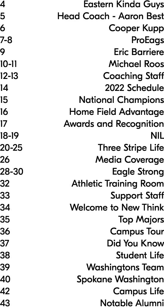 4 Eastern Kinda Guys 5 Head Coach Aaron Best 6 Cooper Kupp 7 8 ProEags 9 Eric Barriere 10 11 Michael Roos 12 13 Coach...