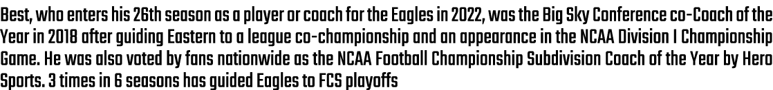 Best, who enters his 26th season as a player or coach for the Eagles in 2022, was the Big Sky Conference co Coach of ...