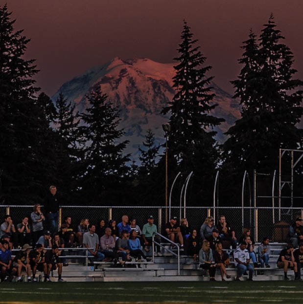 The stands with Mt. Rainier during the soccer game between PLU women and Concordia College of Moorhead, Minnesota , Friday, Sept. 9, 2016 in a soccer match on East Field. (Photo: John Froschauer/PLU)