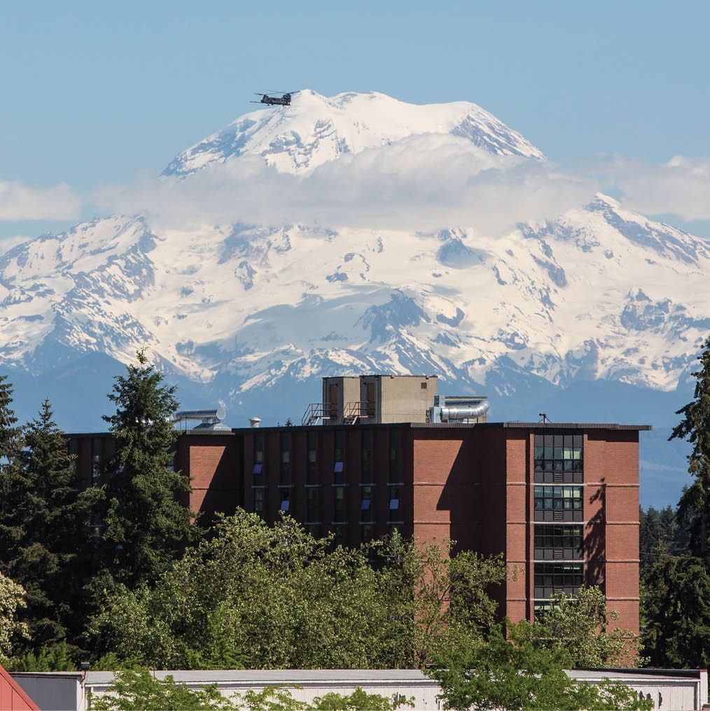 Mt Rainier over lower campus at PLU on Tuesday, May 10, 2016. (Photo: John Froschauer/PLU)