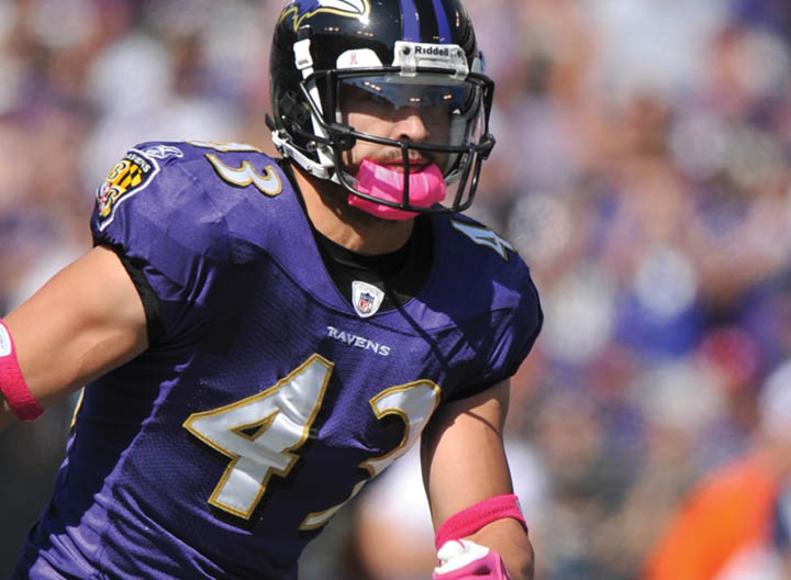 BALTIMORE, MD - OCTOBER 10: Haruki Nakamura #43 of the Baltimore Ravens defends against the Denver Broncos at M&T Bank Stadium on October 10, 2010 in Baltimore, Maryland  Players wore pink in recognition of Breast Cancer Awareness Month  The Ravens defeated the Broncos 31-17  (Photo by Larry French Getty Images) *** Local Caption *** Haruki Nakamura