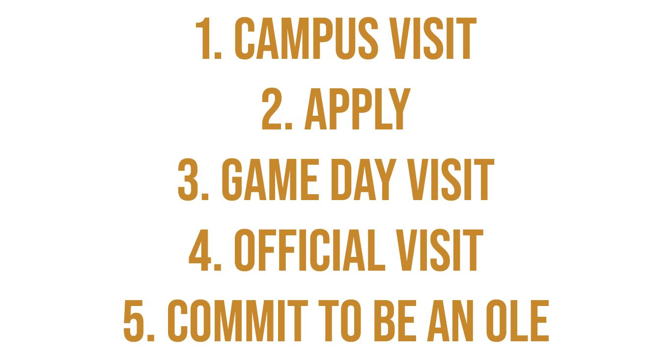 1. campus visit 2. apply 3. game day visit 4. official visit 5. commit to be an ole