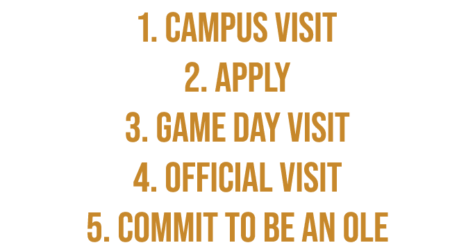 1. campus visit 2. apply 3. game day visit 4. official visit 5. commit to be an ole