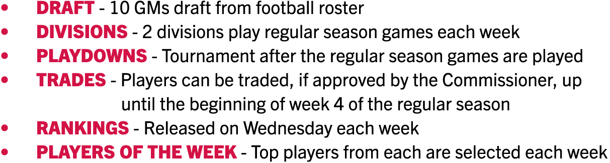   DRAFT - 10 GMs draft from football roster   DIVISIONS - 2 divisions play regular season games each week   PLAYDOWNS   