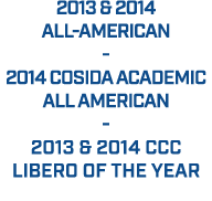 2013 & 2014 All American 2014 COSIDA Academic All American 2013 & 2014 CCC LIBERO OF THE YEAR 