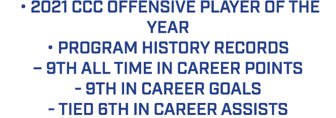  • 2021 CCC Offensive Player of the Year • Program History records – 9th all time in career points 9th in career goal...