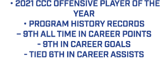  • 2021 CCC Offensive Player of the Year • Program History records – 9th all time in career points 9th in career goal...